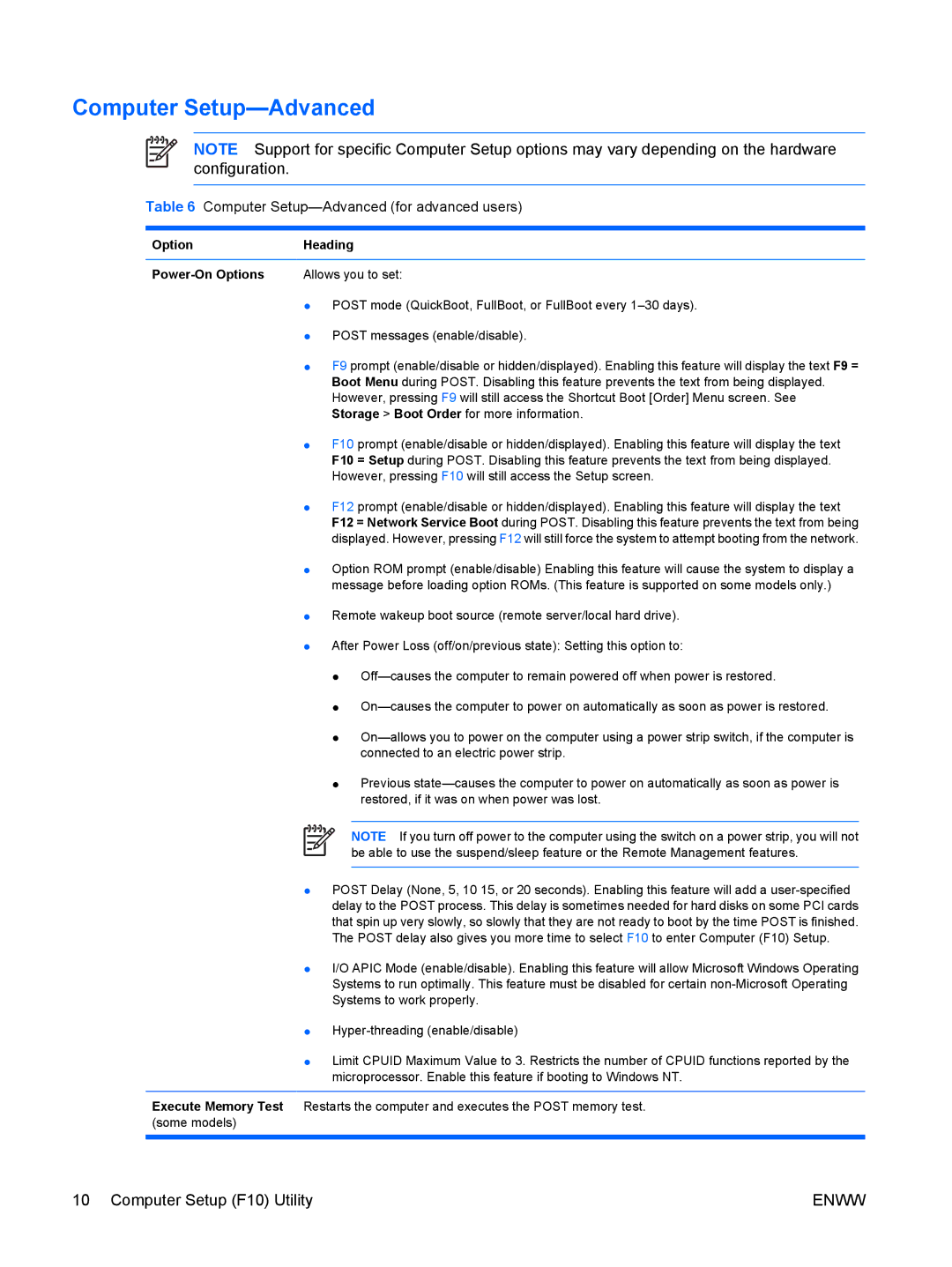 HP dc5700 manual Computer Setup-Advanced for advanced users, Option Heading Power-On Options 