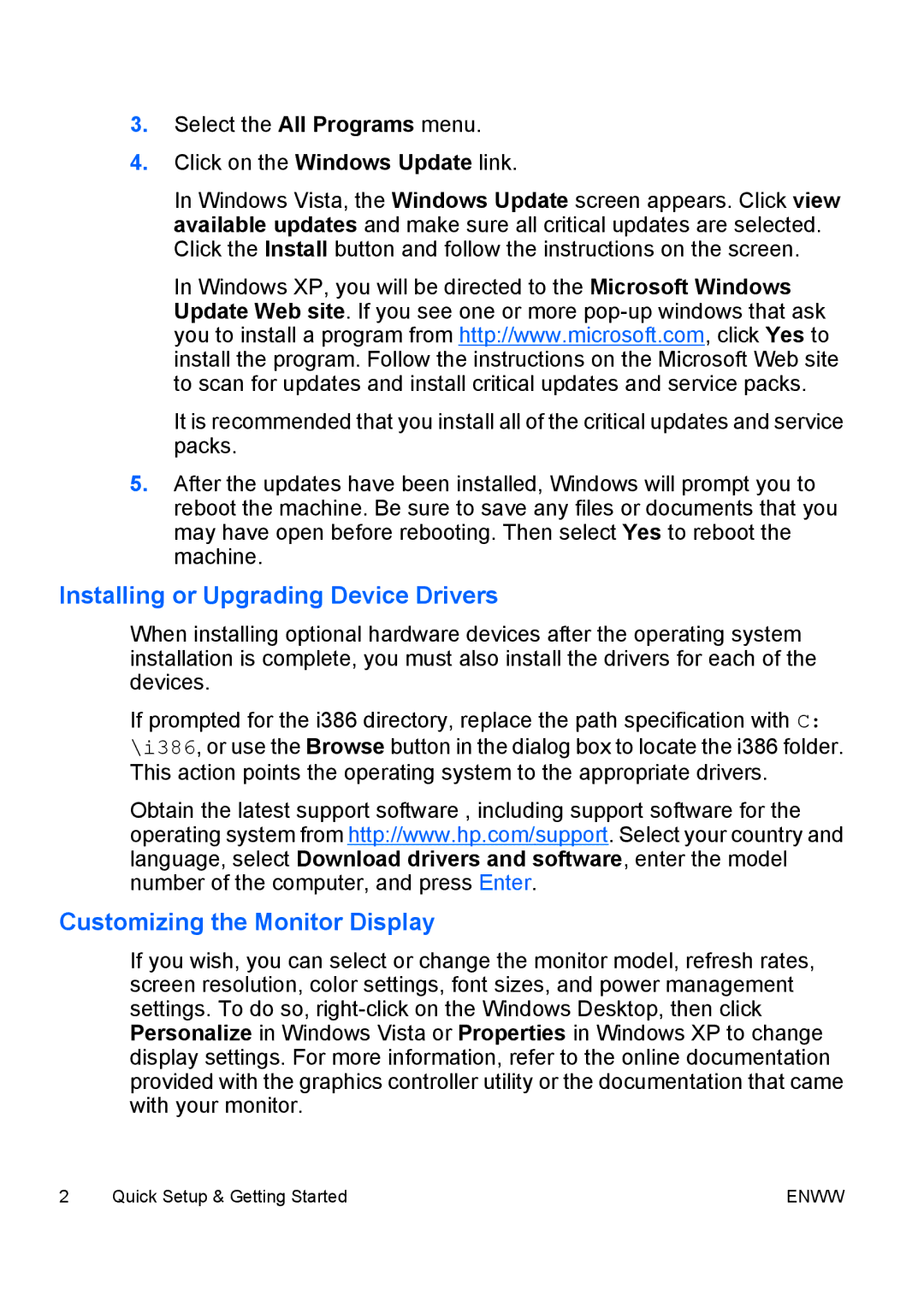 HP dc5700 manual Installing or Upgrading Device Drivers, Customizing the Monitor Display 