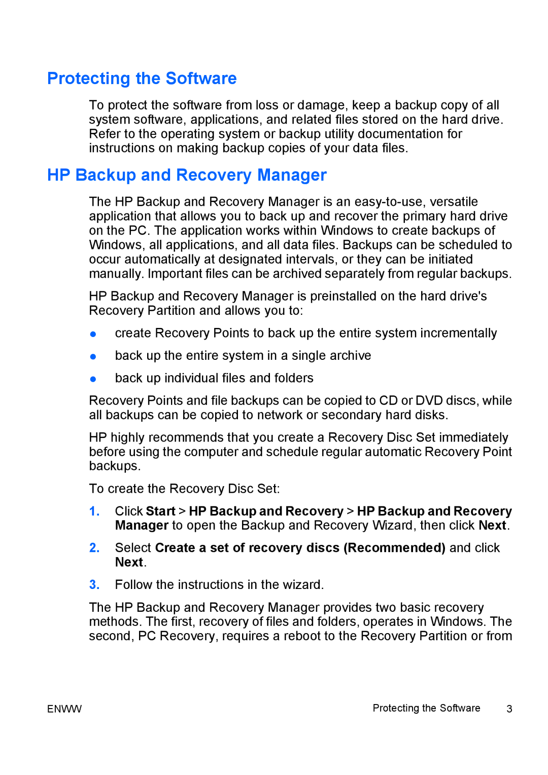 HP dc5700 manual Protecting the Software, HP Backup and Recovery Manager 