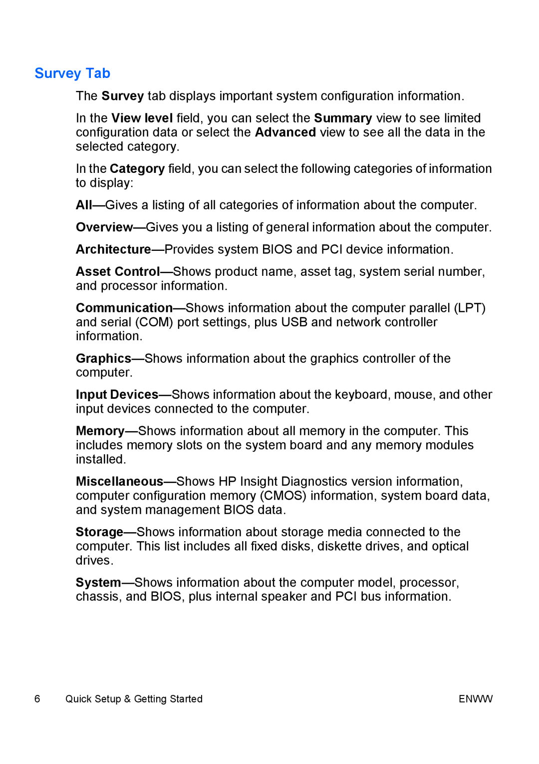 HP dc5700 manual Survey Tab 