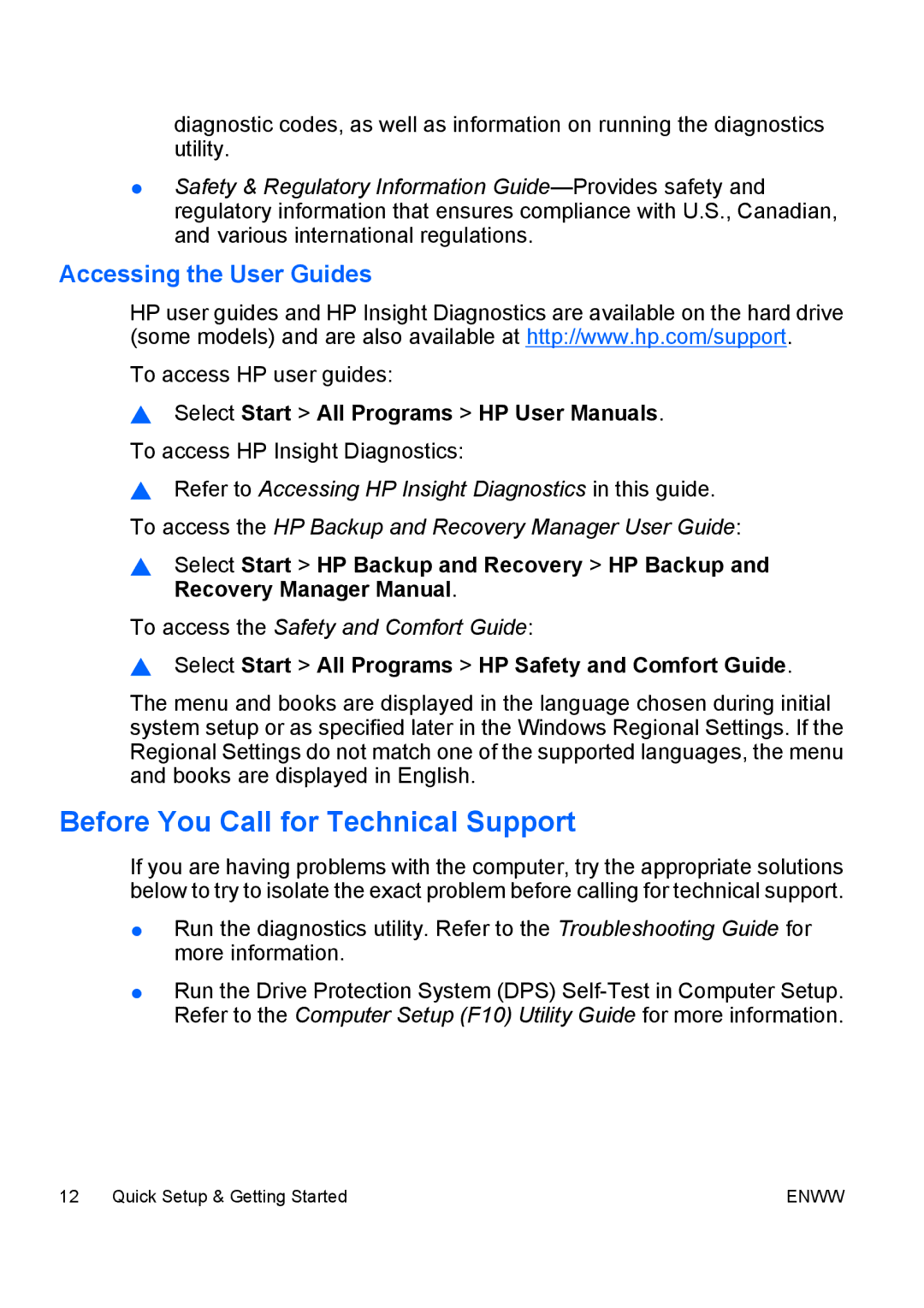 HP dc5700 manual Before You Call for Technical Support, Accessing the User Guides 