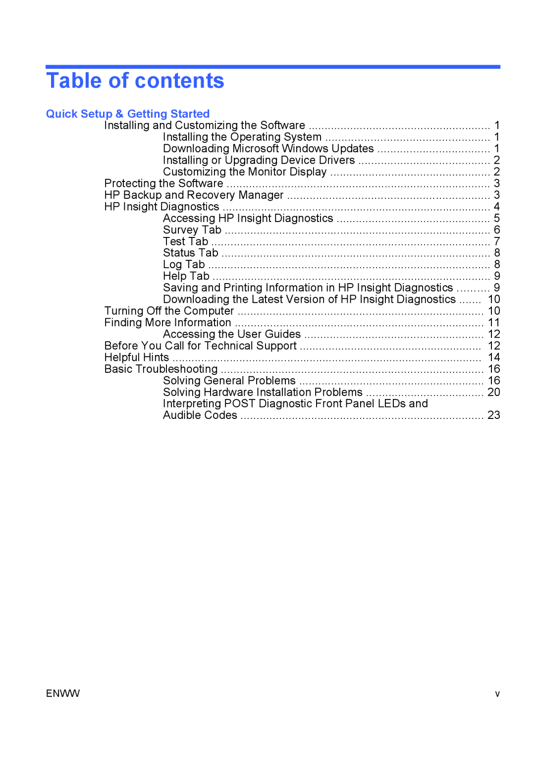 HP dc5700 manual Table of contents 