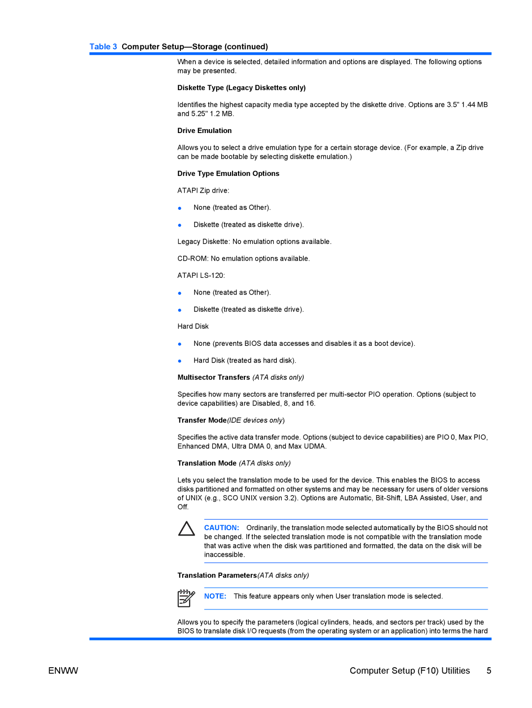 HP dc5700 manual Diskette Type Legacy Diskettes only, Drive Emulation, Drive Type Emulation Options 