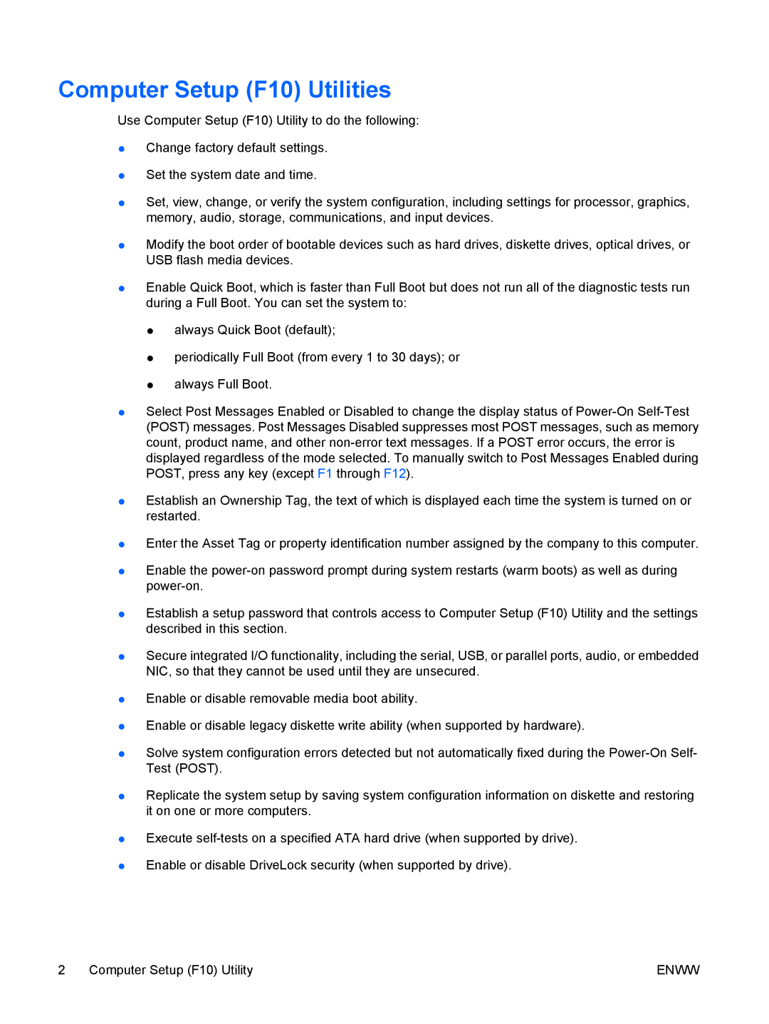 HP dc5700 manual Computer Setup F10 Utilities 