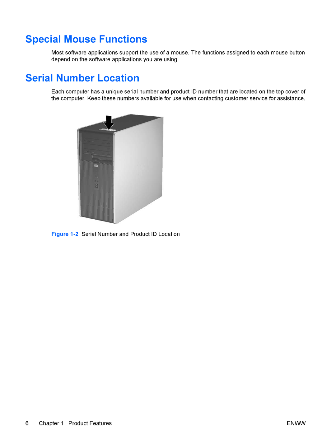 HP dc5700 manual Special Mouse Functions, Serial Number Location 