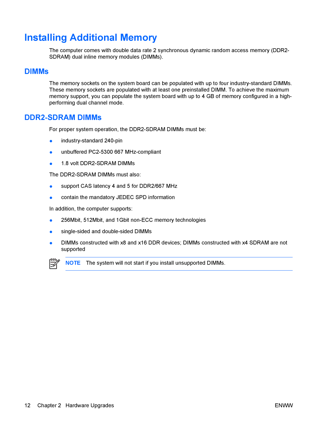 HP dc5700 manual Installing Additional Memory, DDR2-SDRAM DIMMs 