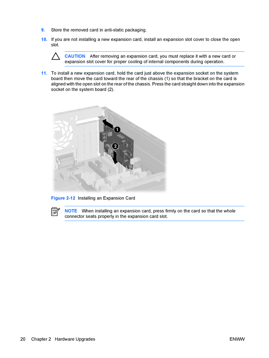 HP dc5700 manual 12Installing an Expansion Card Hardware Upgrades 