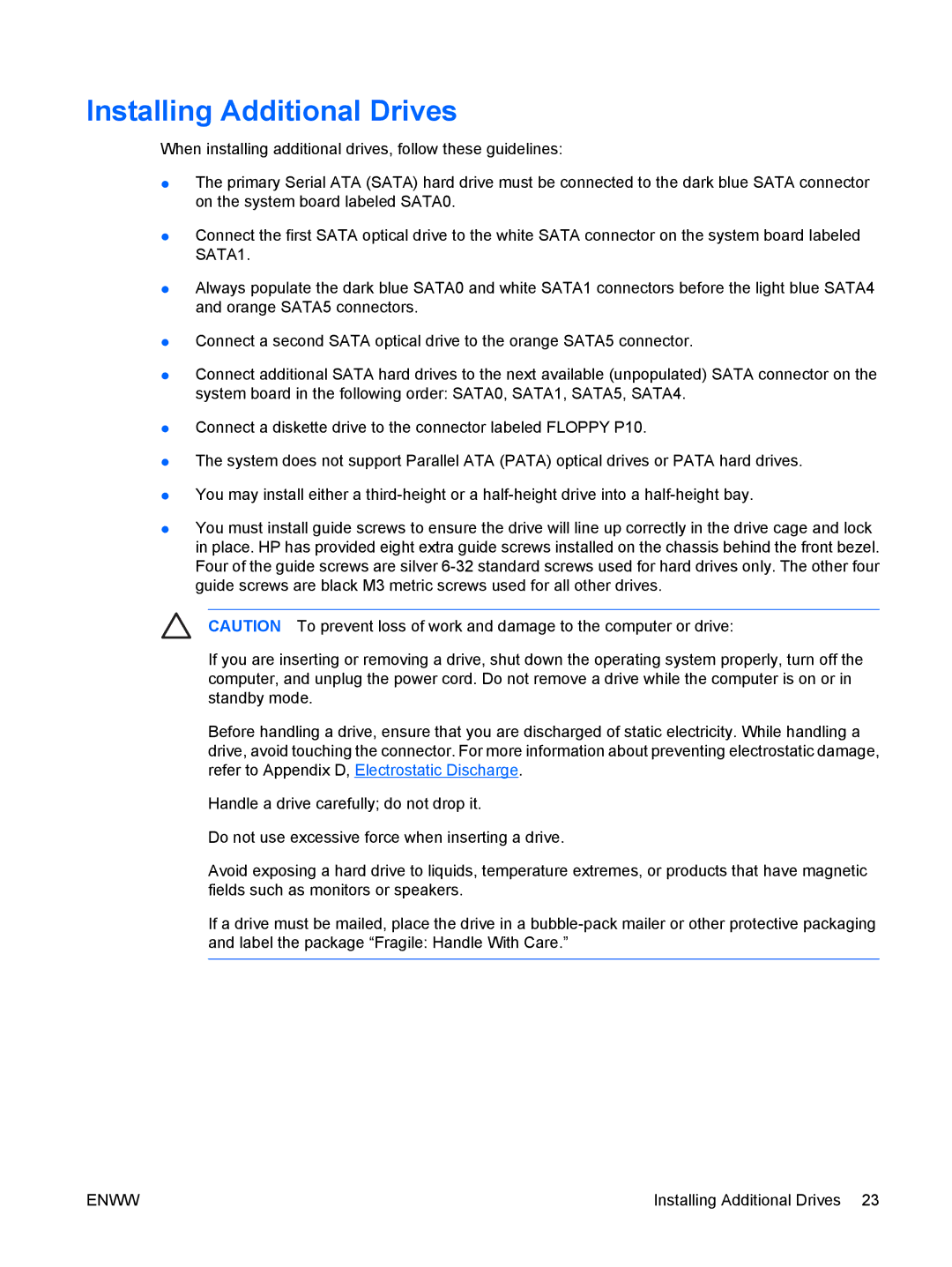 HP dc5700 manual Installing Additional Drives 