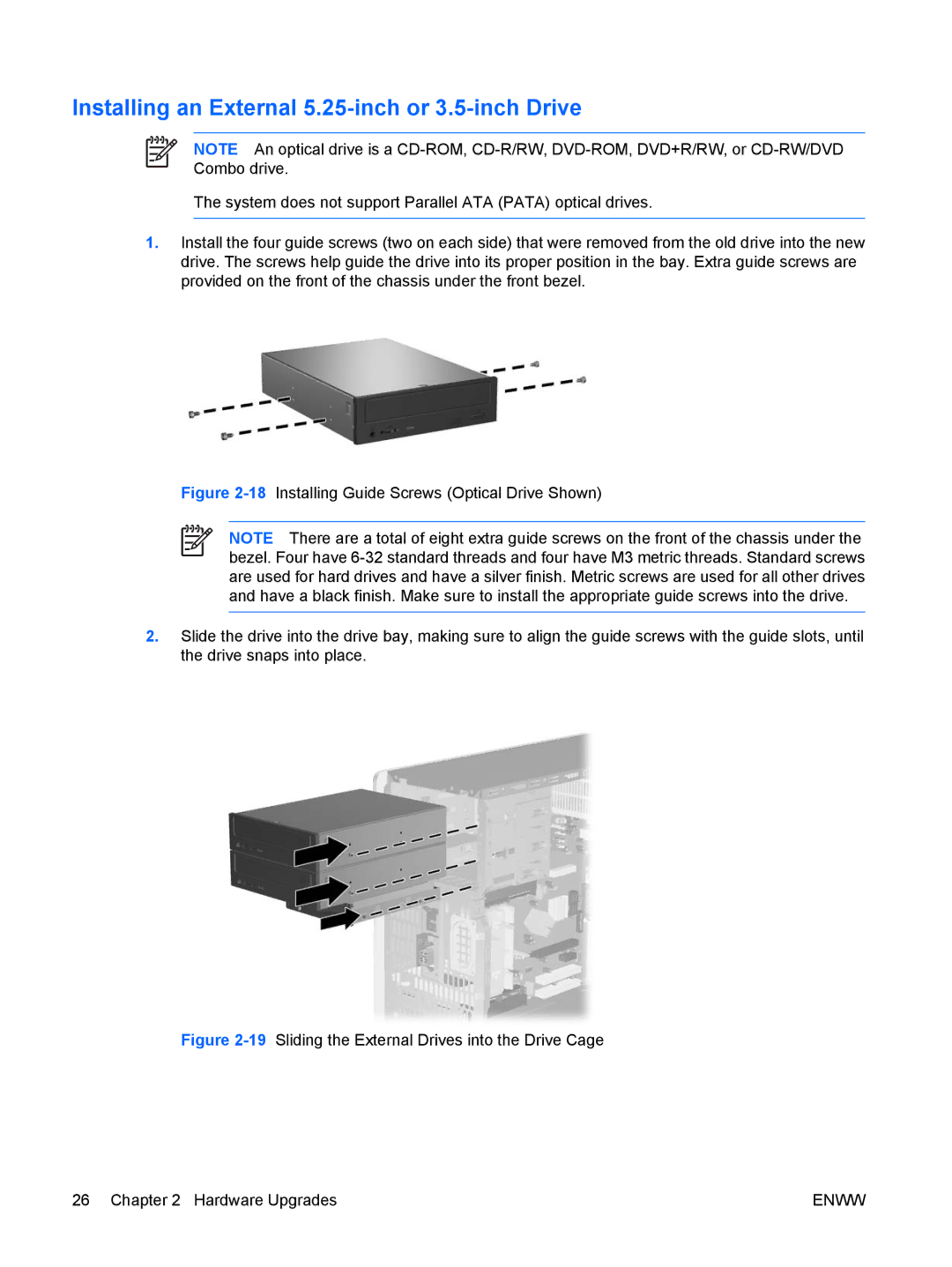 HP dc5700 manual Installing an External 5.25-inch or 3.5-inch Drive 