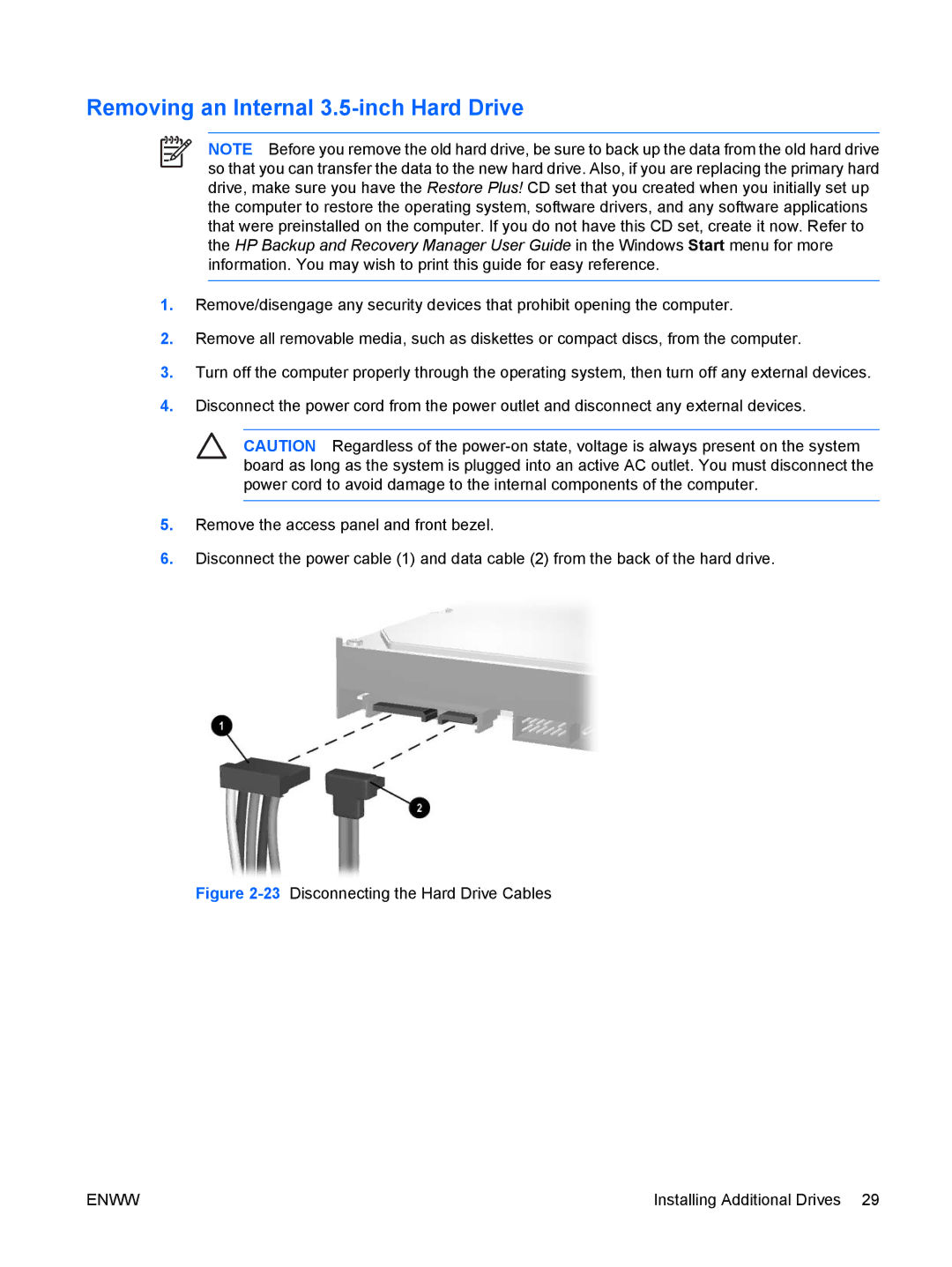 HP dc5700 manual Removing an Internal 3.5-inch Hard Drive, 23Disconnecting the Hard Drive Cables 