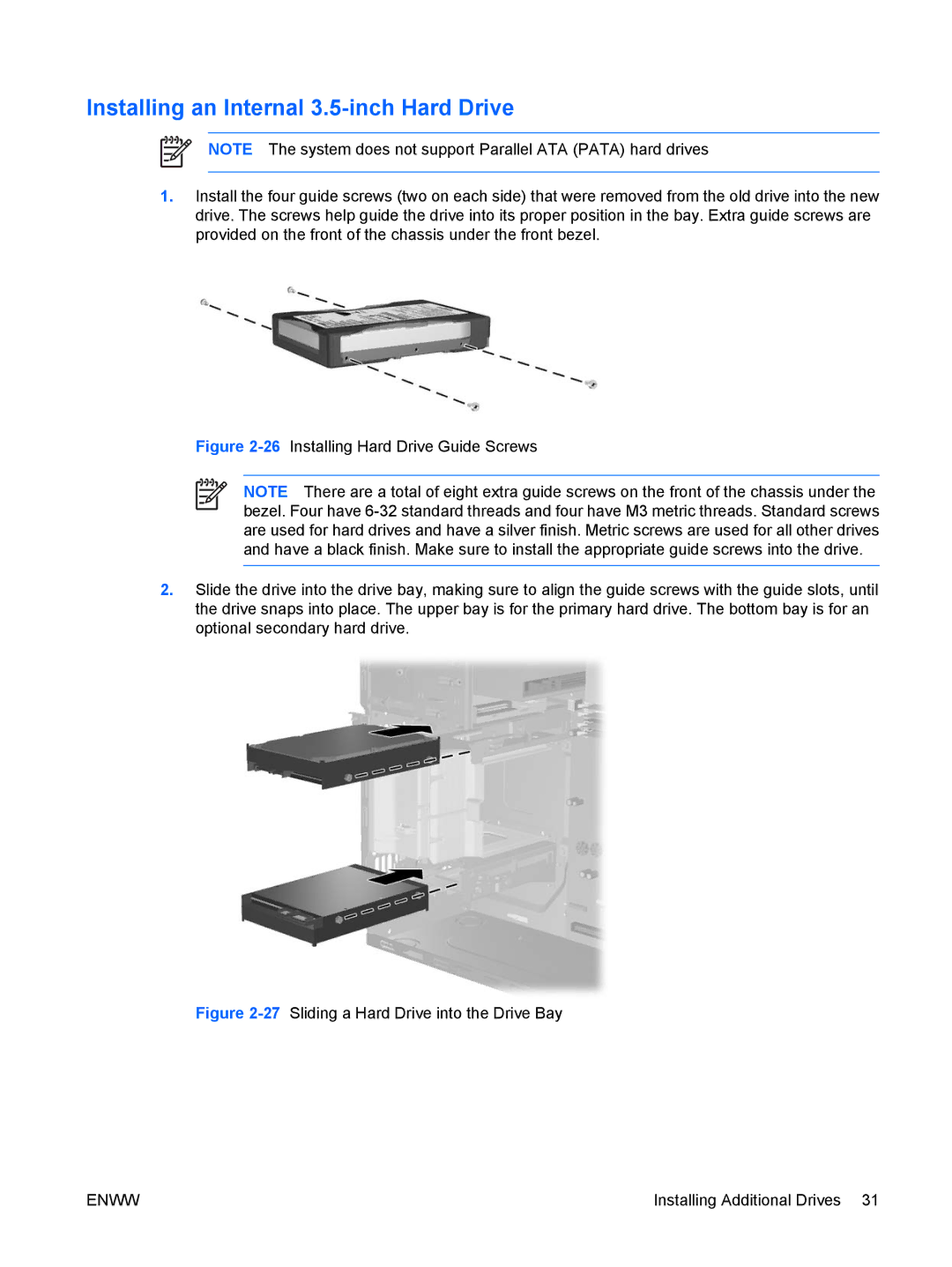 HP dc5700 manual Installing an Internal 3.5-inch Hard Drive, 27Sliding a Hard Drive into the Drive Bay 