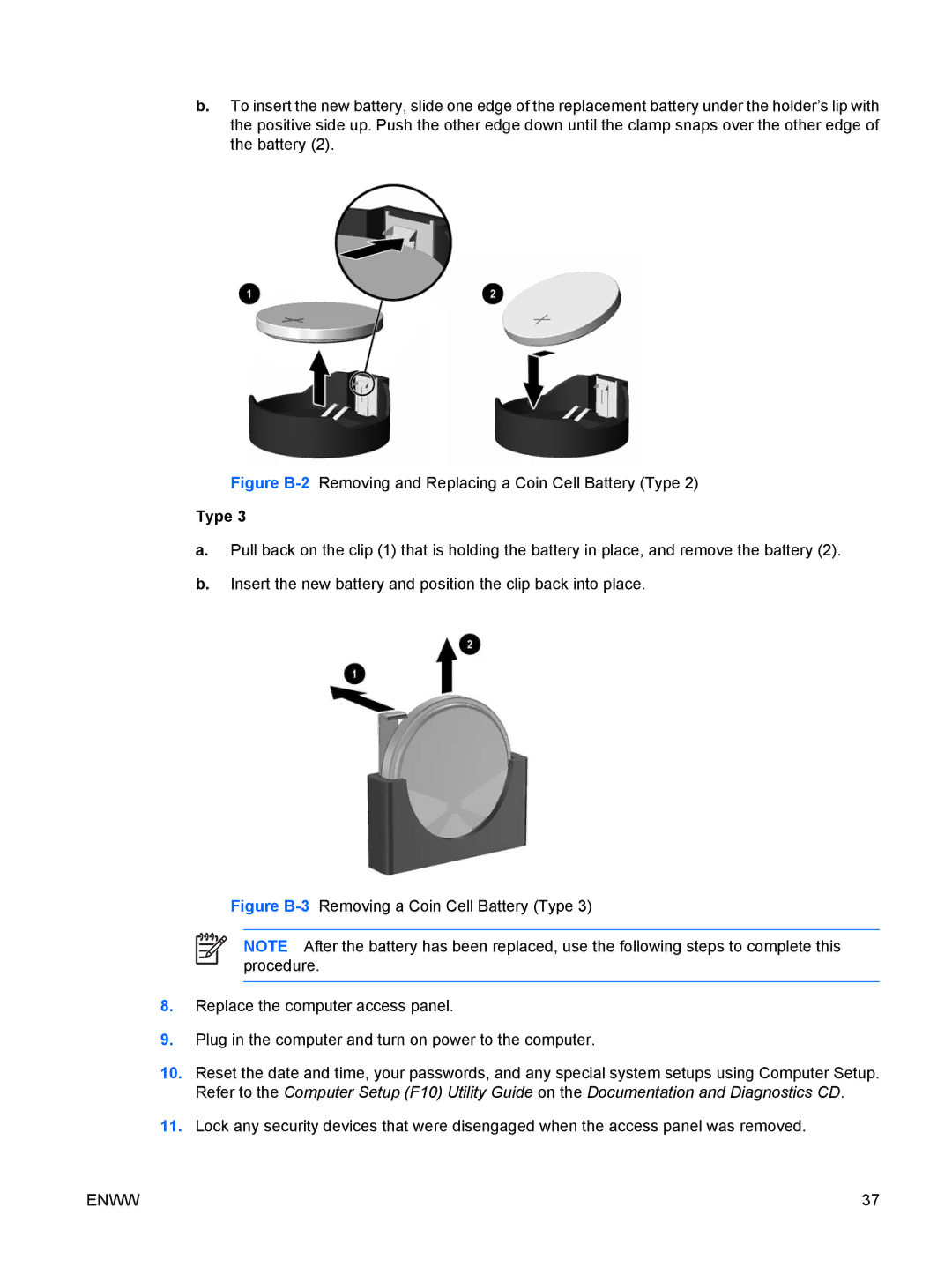 HP dc5700 manual Figure B-2Removing and Replacing a Coin Cell Battery Type 