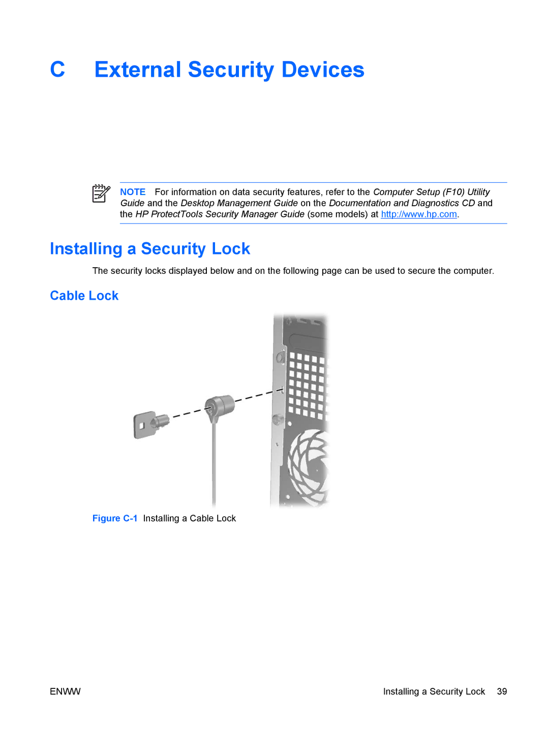 HP dc5700 manual External Security Devices, Installing a Security Lock, Cable Lock 