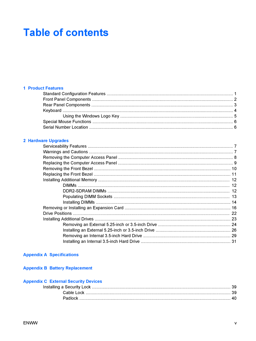 HP dc5700 manual Table of contents 