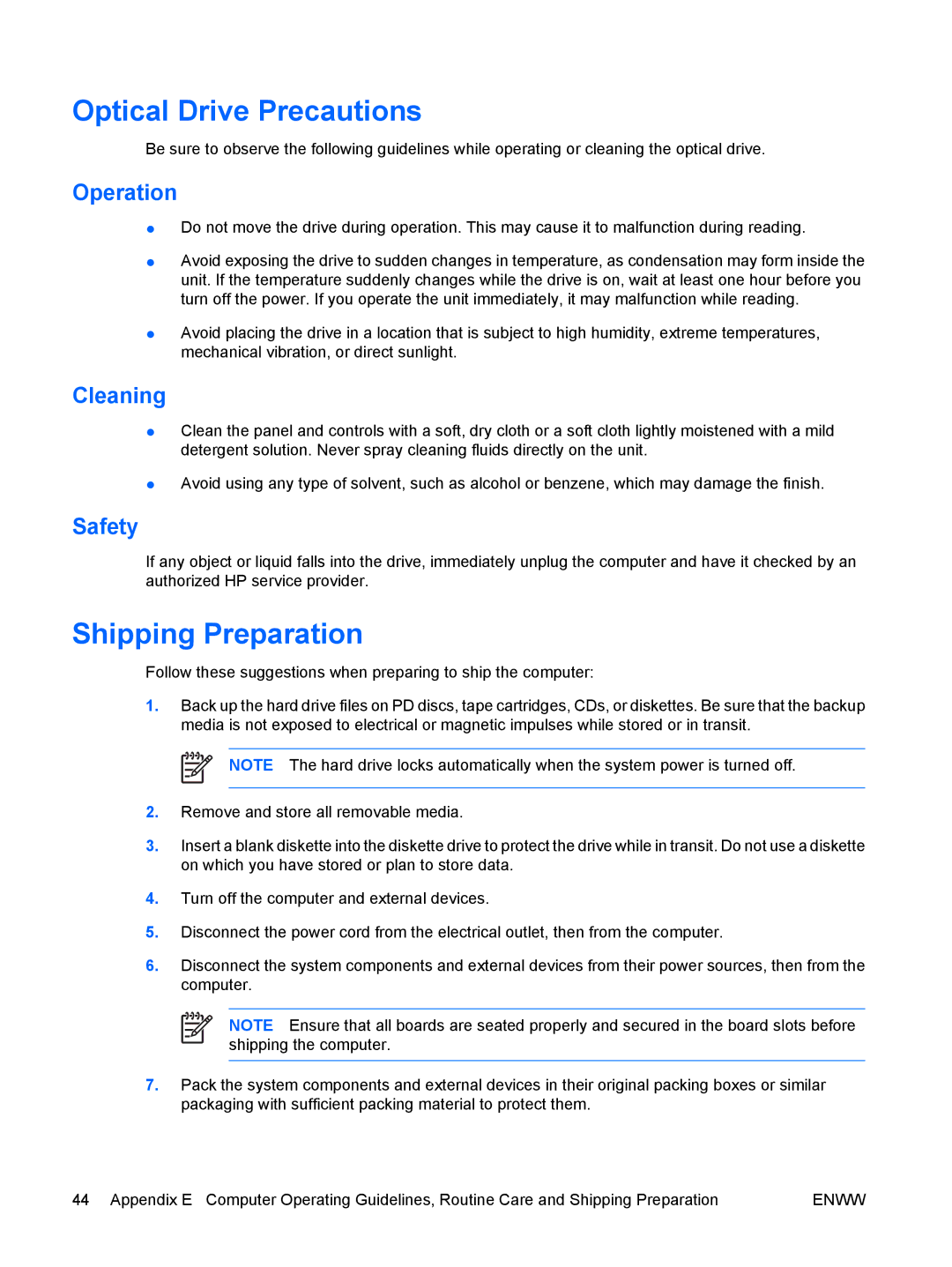 HP dc5700 manual Optical Drive Precautions, Shipping Preparation, Operation, Cleaning, Safety 