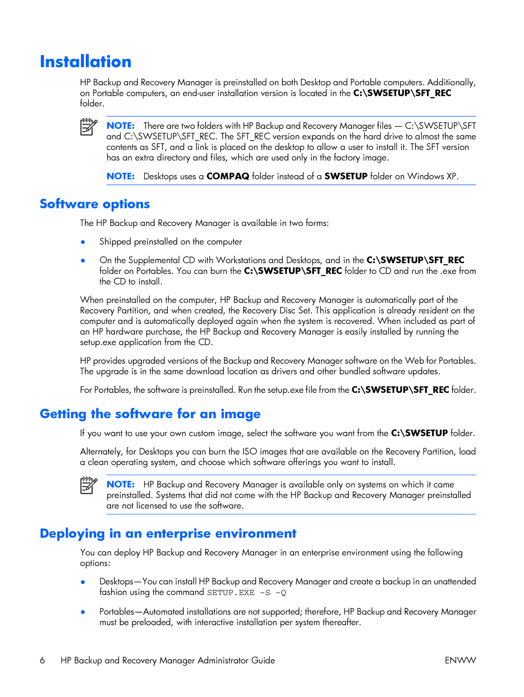 HP dc5700 manual Installation, Software options, Getting the software for an image, Deploying in an enterprise environment 