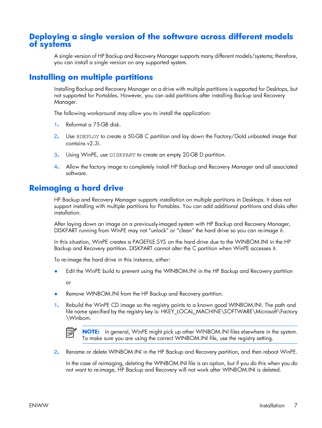 HP dc5700 manual Installing on multiple partitions, Reimaging a hard drive 
