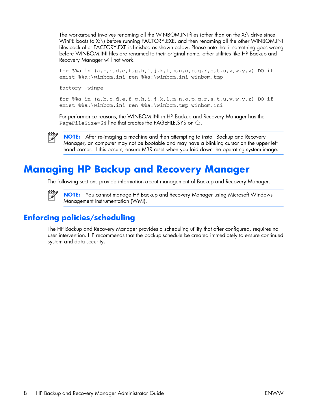 HP dc5700 manual Managing HP Backup and Recovery Manager, Enforcing policies/scheduling 