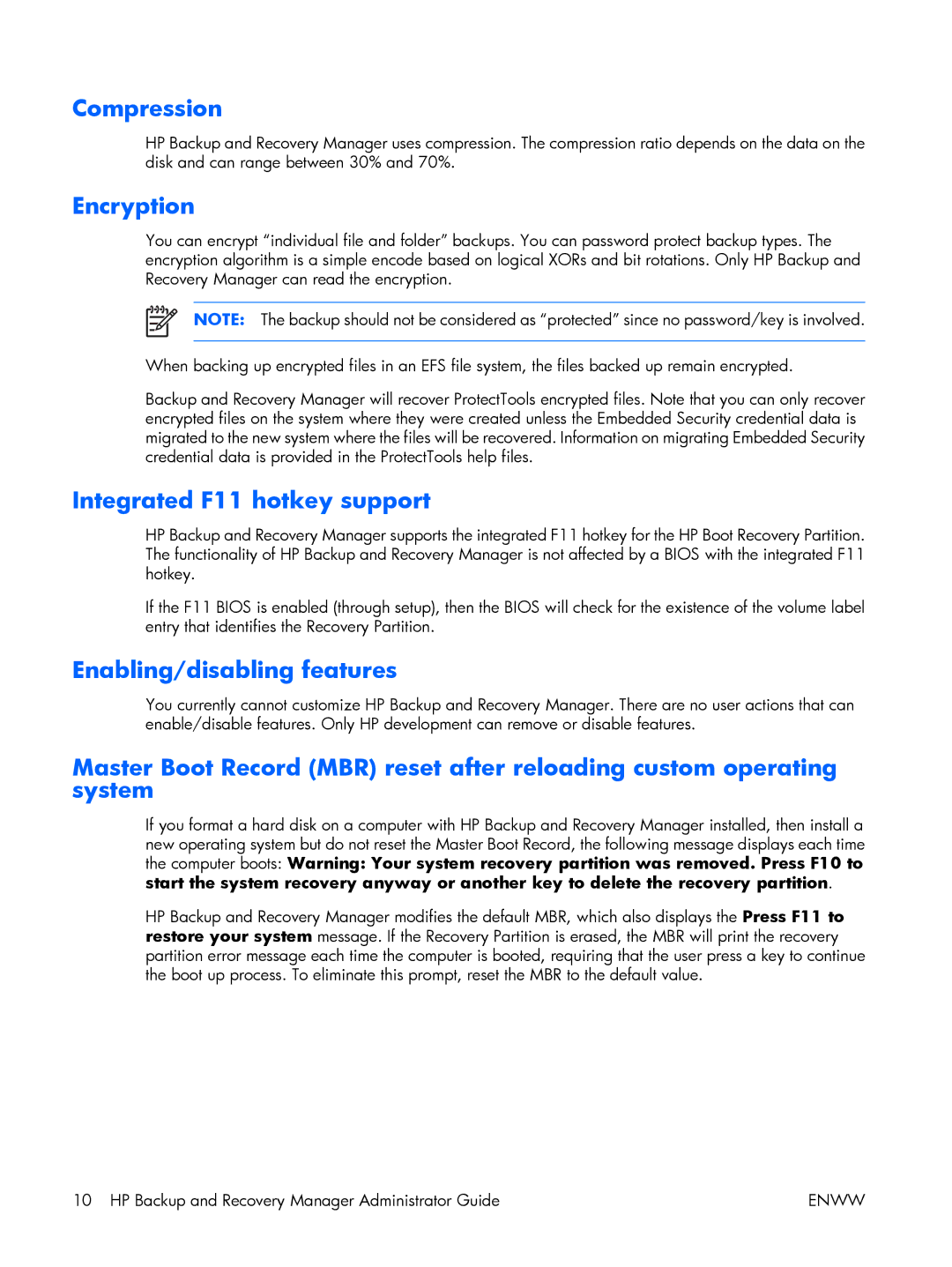 HP dc5700 manual Compression, Encryption, Integrated F11 hotkey support, Enabling/disabling features 