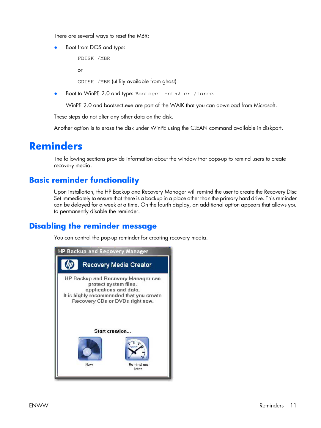 HP dc5700 manual Reminders, Basic reminder functionality, Disabling the reminder message 