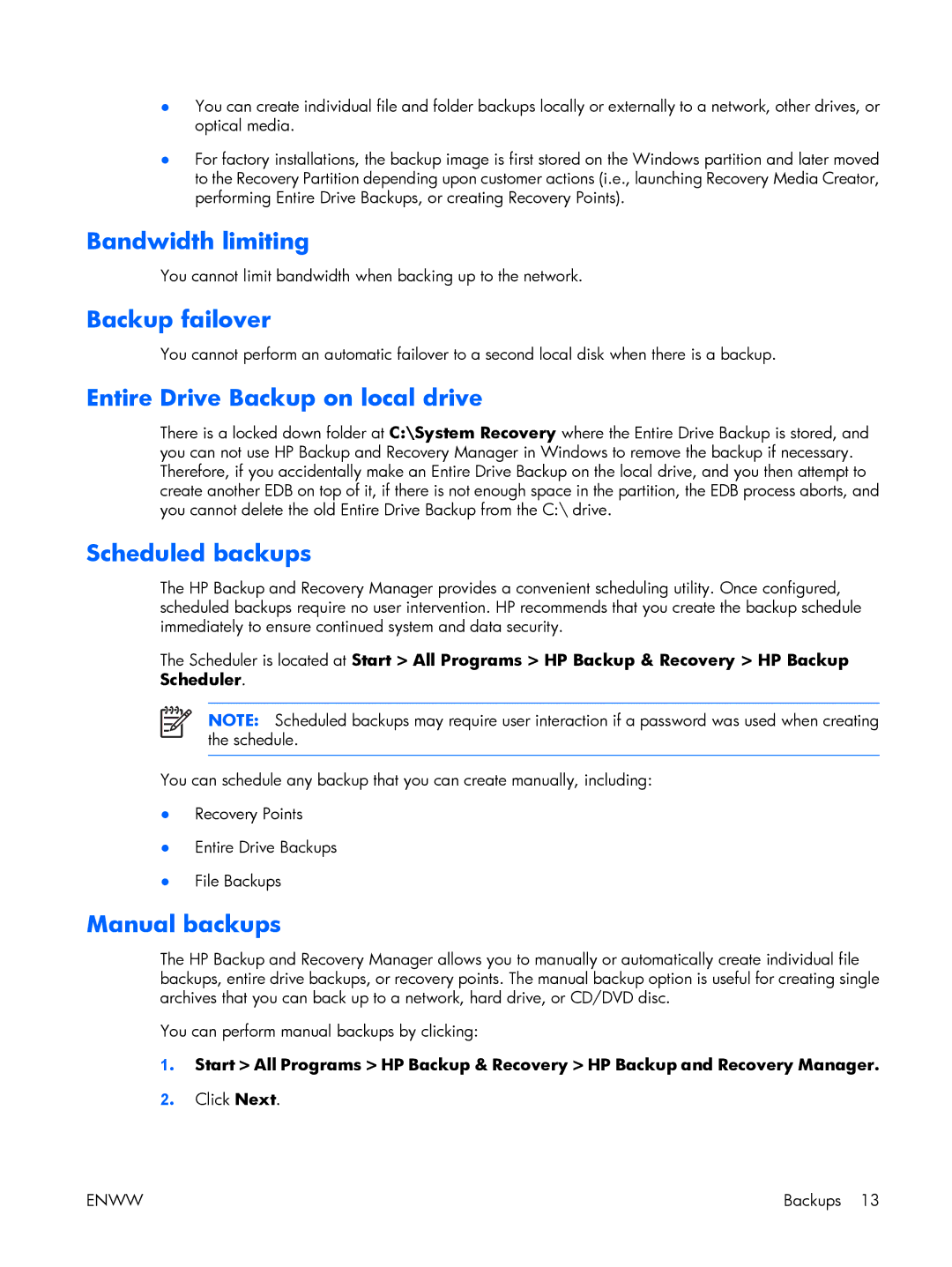 HP dc5700 manual Bandwidth limiting, Backup failover, Entire Drive Backup on local drive, Scheduled backups, Manual backups 