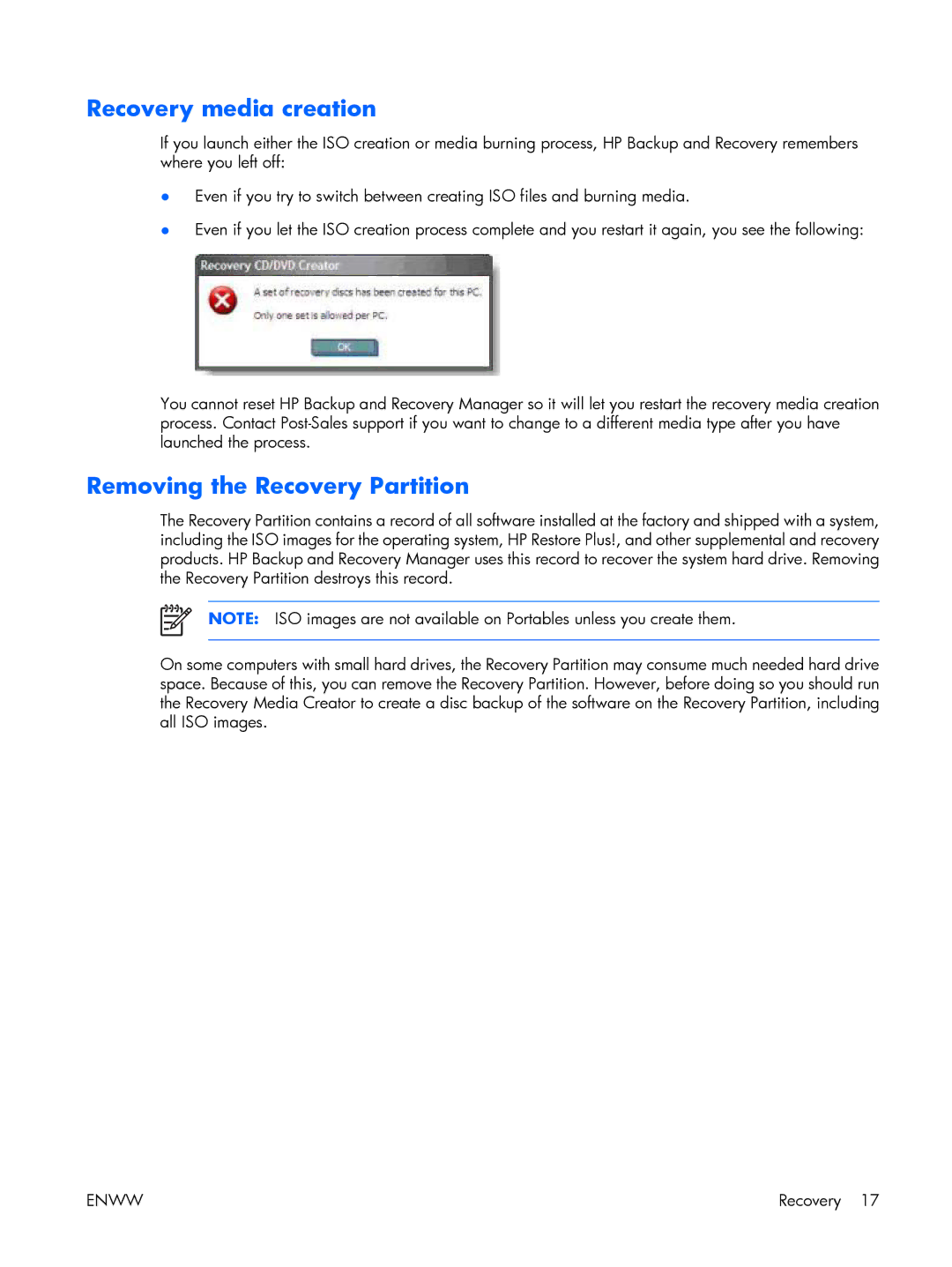 HP dc5700 manual Recovery media creation, Removing the Recovery Partition 