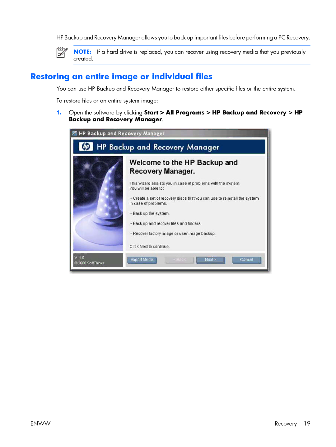 HP dc5700 manual Restoring an entire image or individual files 