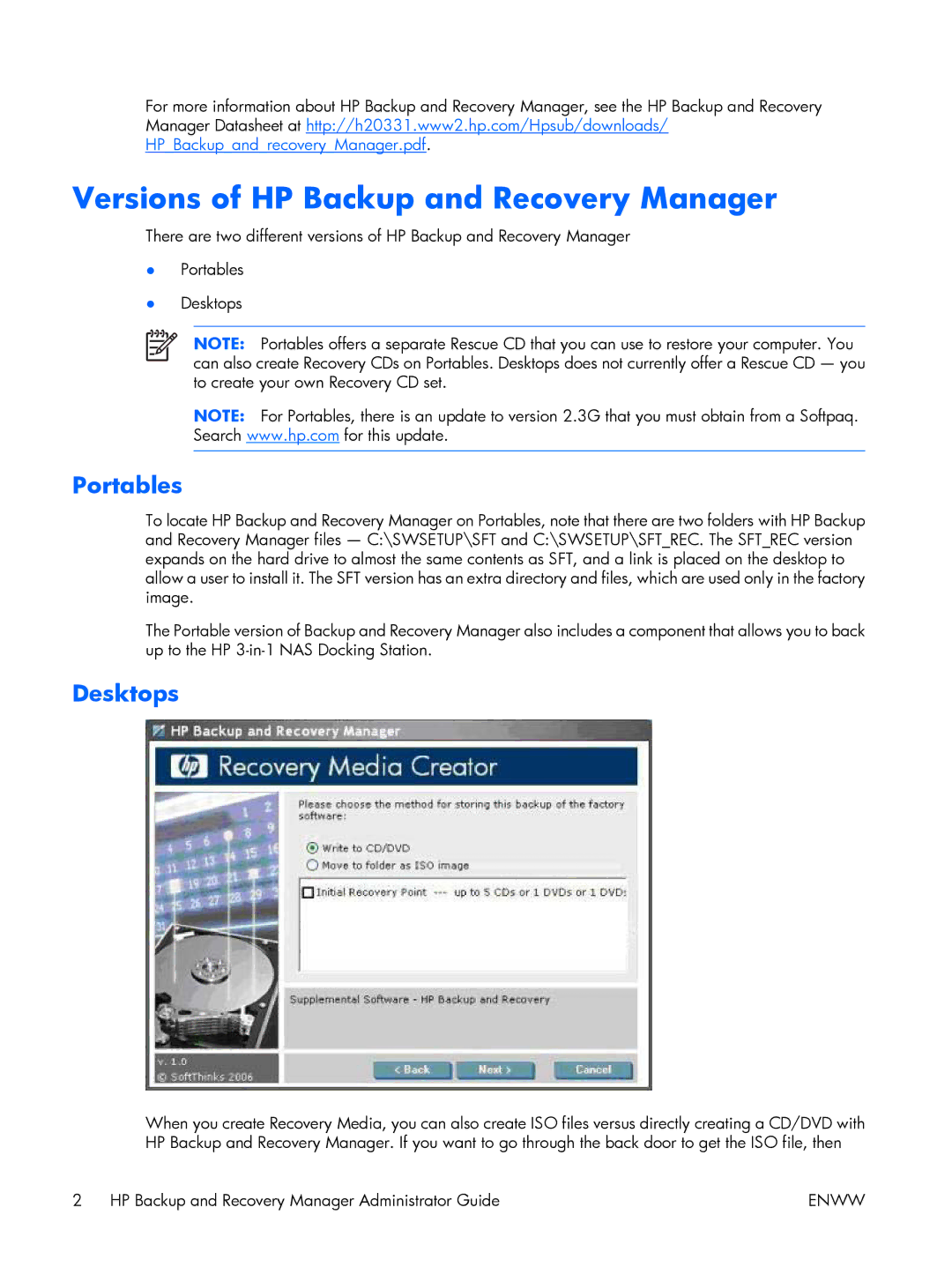 HP dc5700 manual Versions of HP Backup and Recovery Manager, Portables, Desktops 