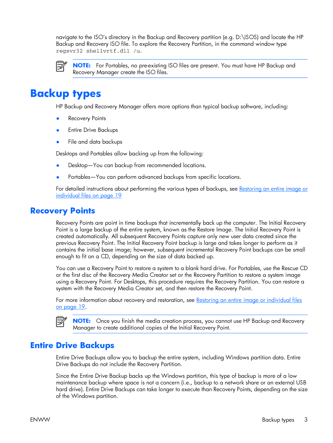 HP dc5700 manual Backup types, Recovery Points, Entire Drive Backups 