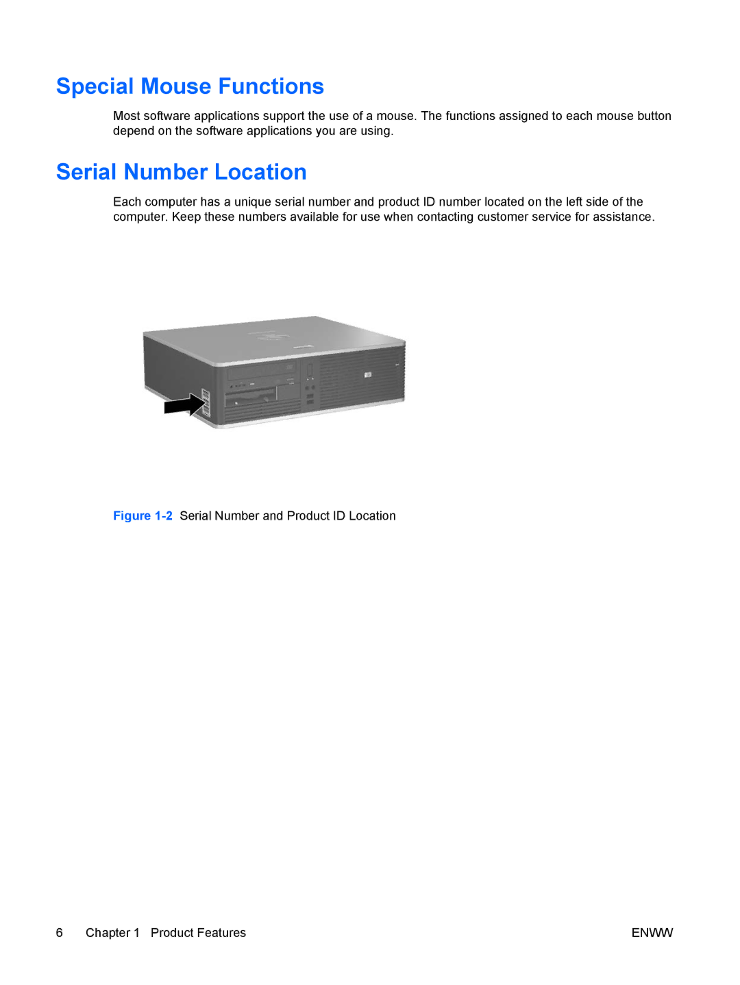 HP dc5700 manual Special Mouse Functions, Serial Number Location 