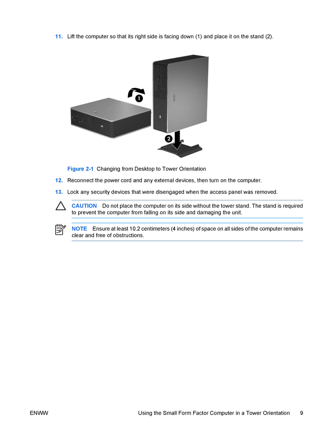 HP dc5700 manual Using the Small Form Factor Computer in a Tower Orientation 