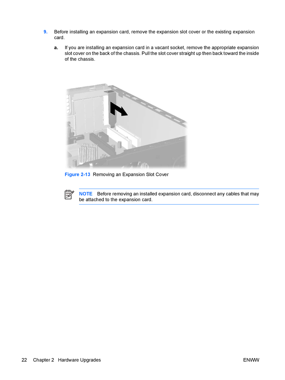 HP dc5700 manual 13Removing an Expansion Slot Cover Hardware Upgrades 