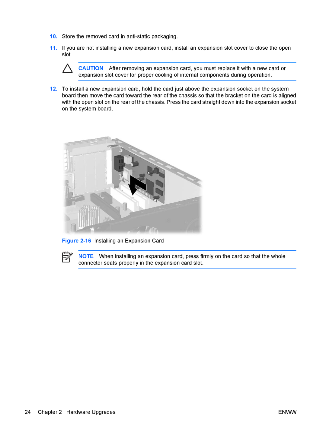 HP dc5700 manual 16Installing an Expansion Card Hardware Upgrades 