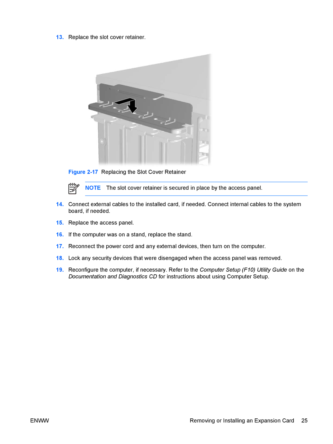 HP dc5700 manual Replace the slot cover retainer 