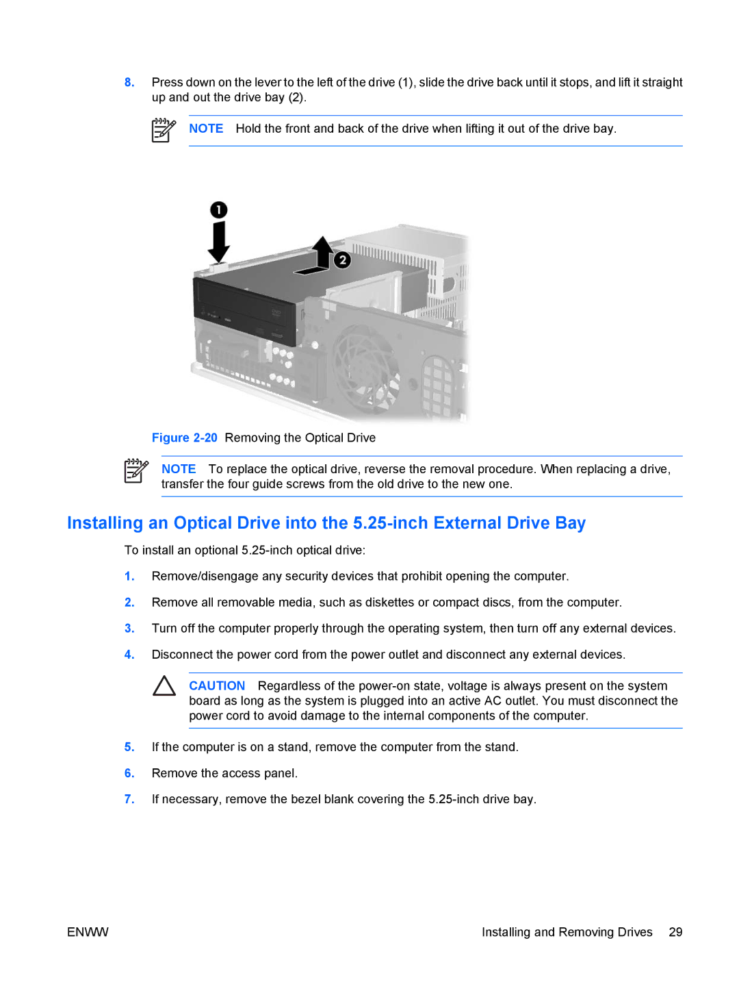 HP dc5700 manual 20Removing the Optical Drive 