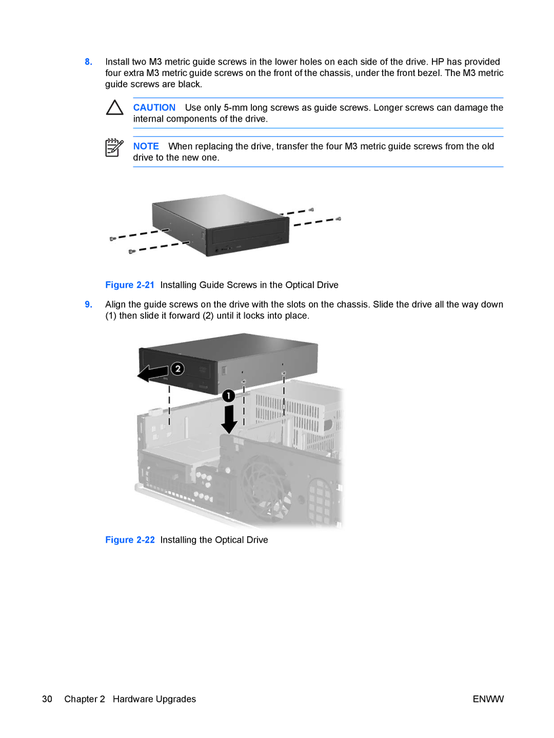 HP dc5700 manual 22Installing the Optical Drive Hardware Upgrades 