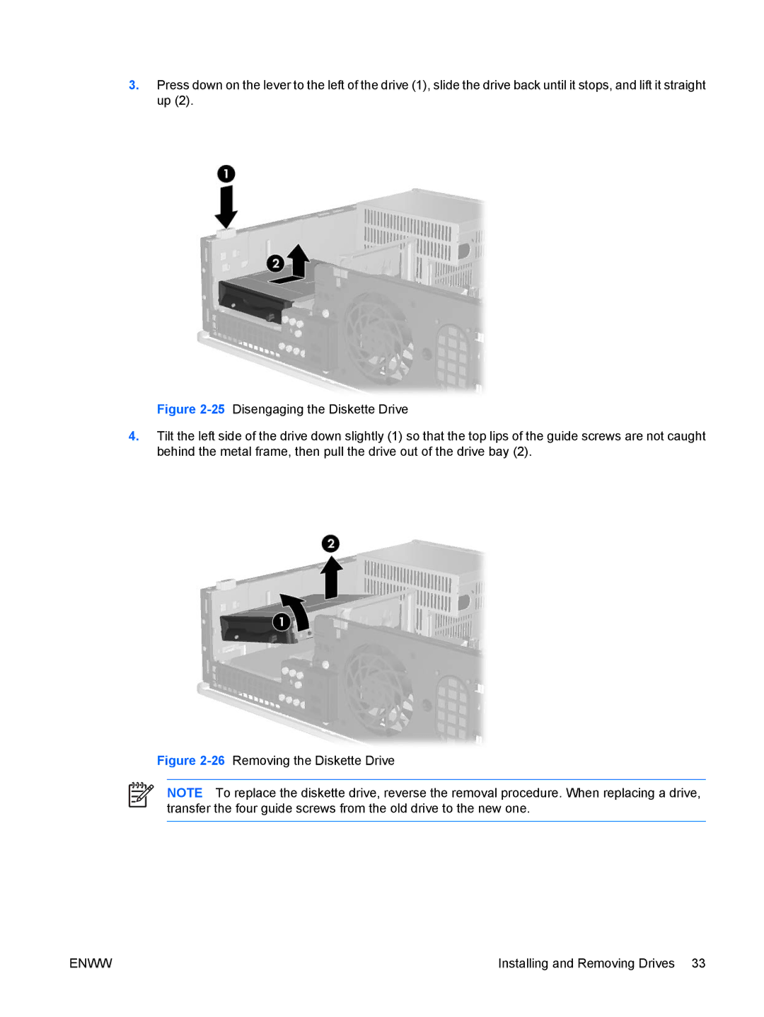 HP dc5700 manual 26Removing the Diskette Drive 