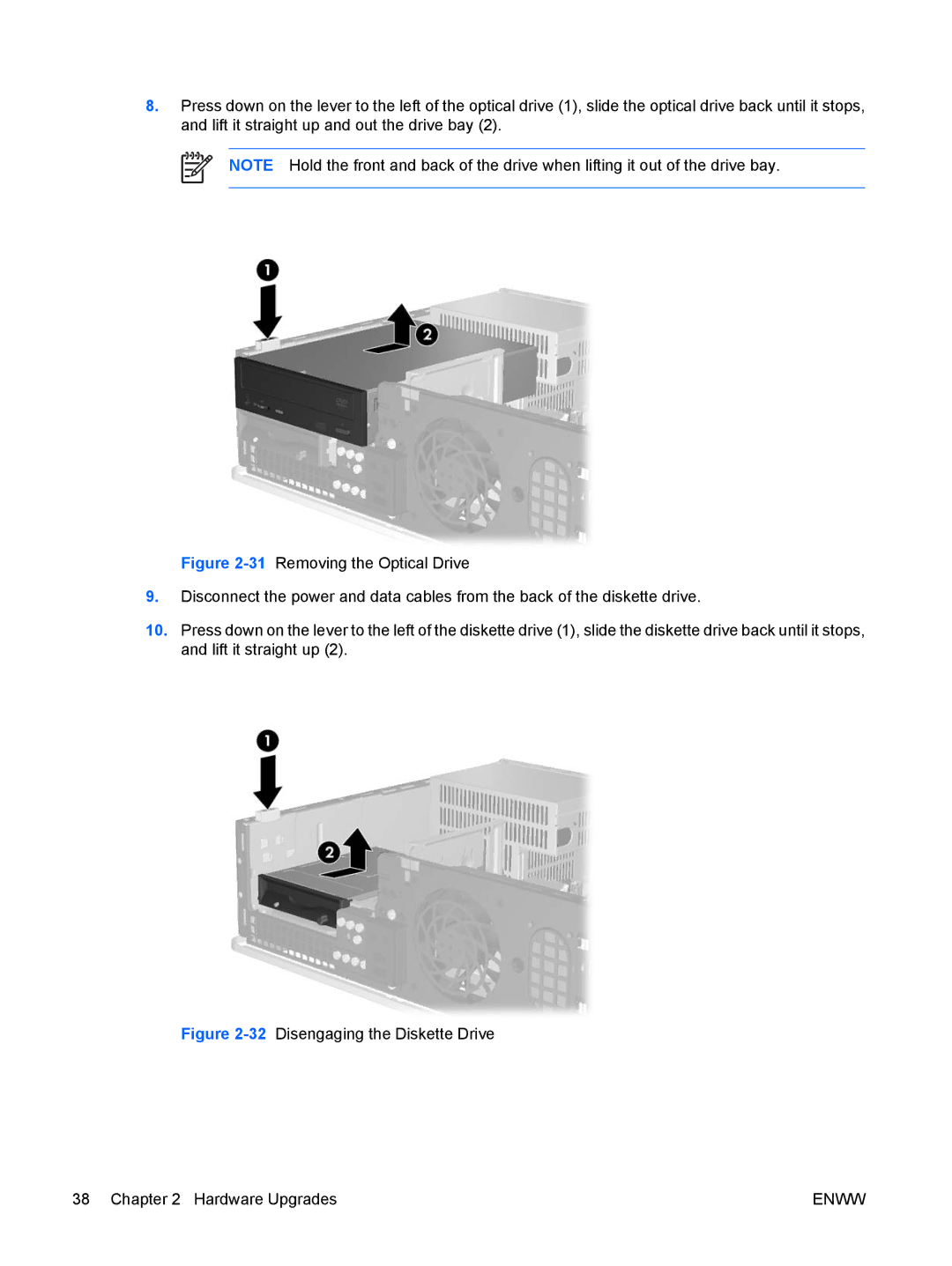 HP dc5700 manual 32Disengaging the Diskette Drive Hardware Upgrades 