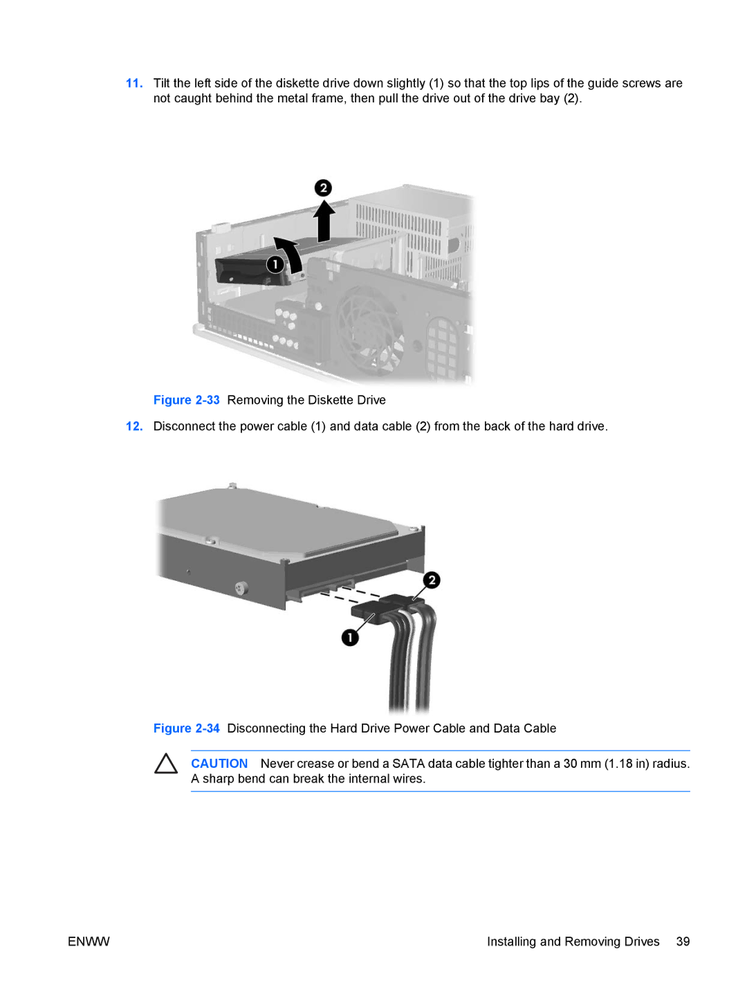 HP dc5700 manual 34Disconnecting the Hard Drive Power Cable and Data Cable 