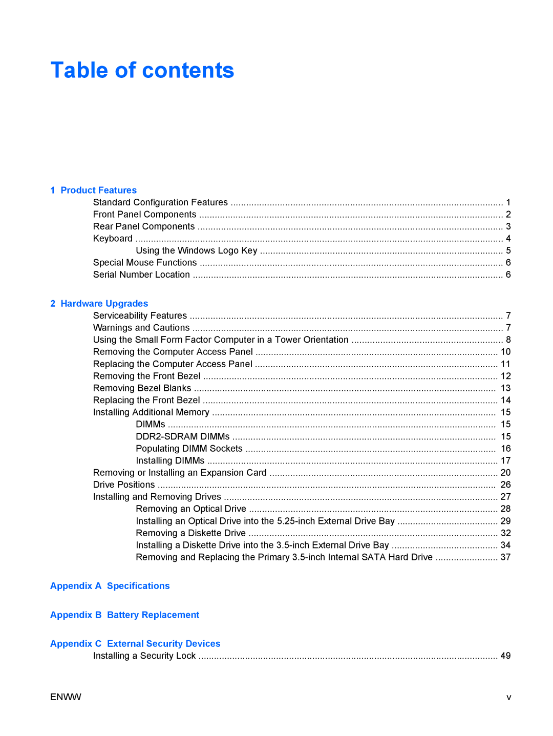 HP dc5700 manual Table of contents 