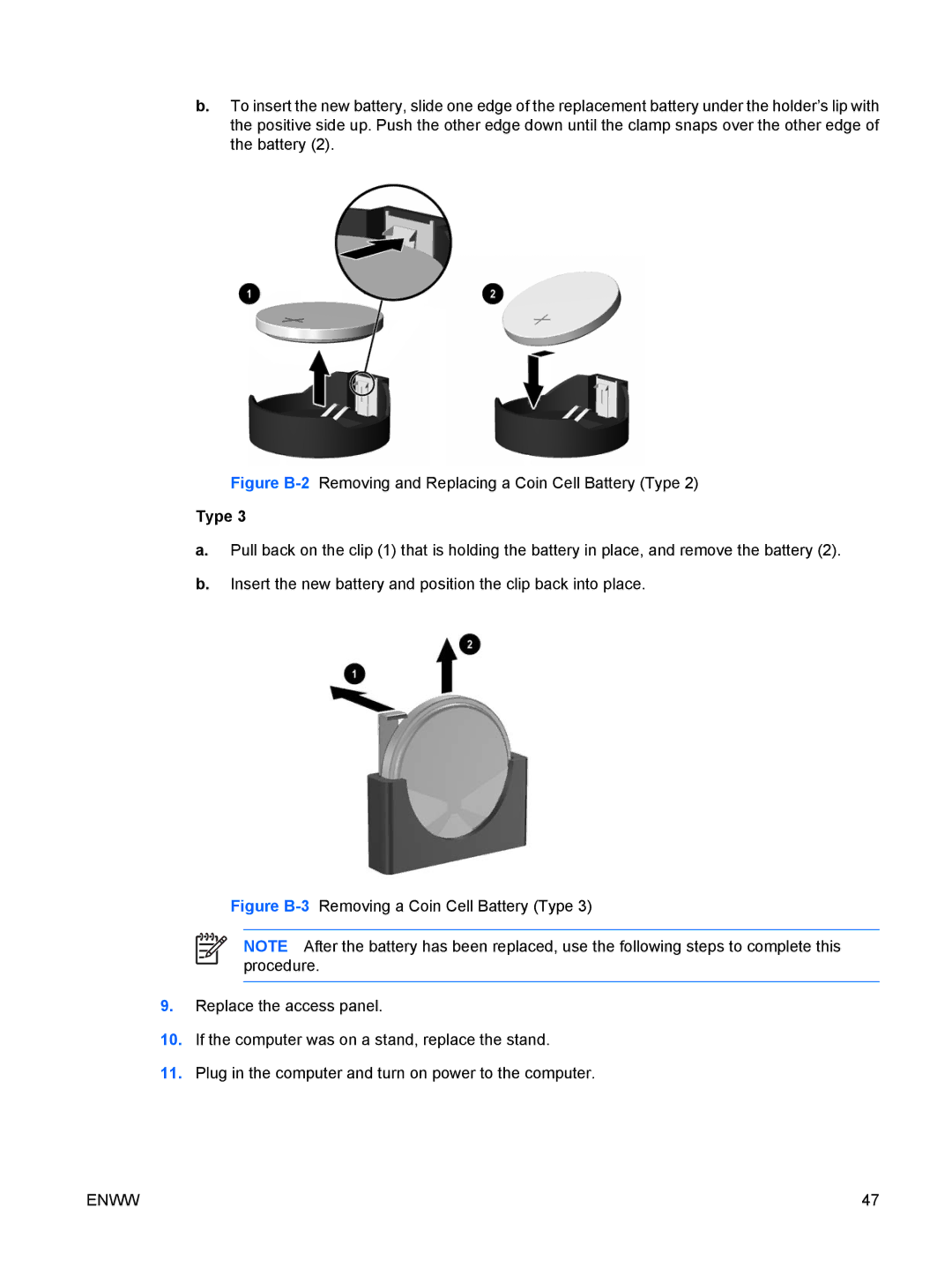 HP dc5700 manual Figure B-2Removing and Replacing a Coin Cell Battery Type 