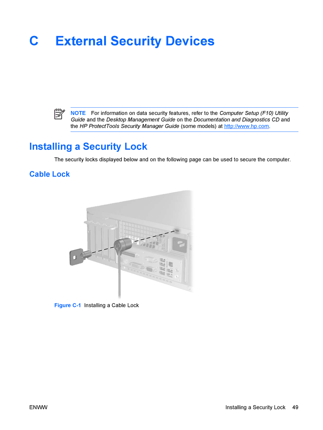 HP dc5700 manual External Security Devices, Installing a Security Lock, Cable Lock 