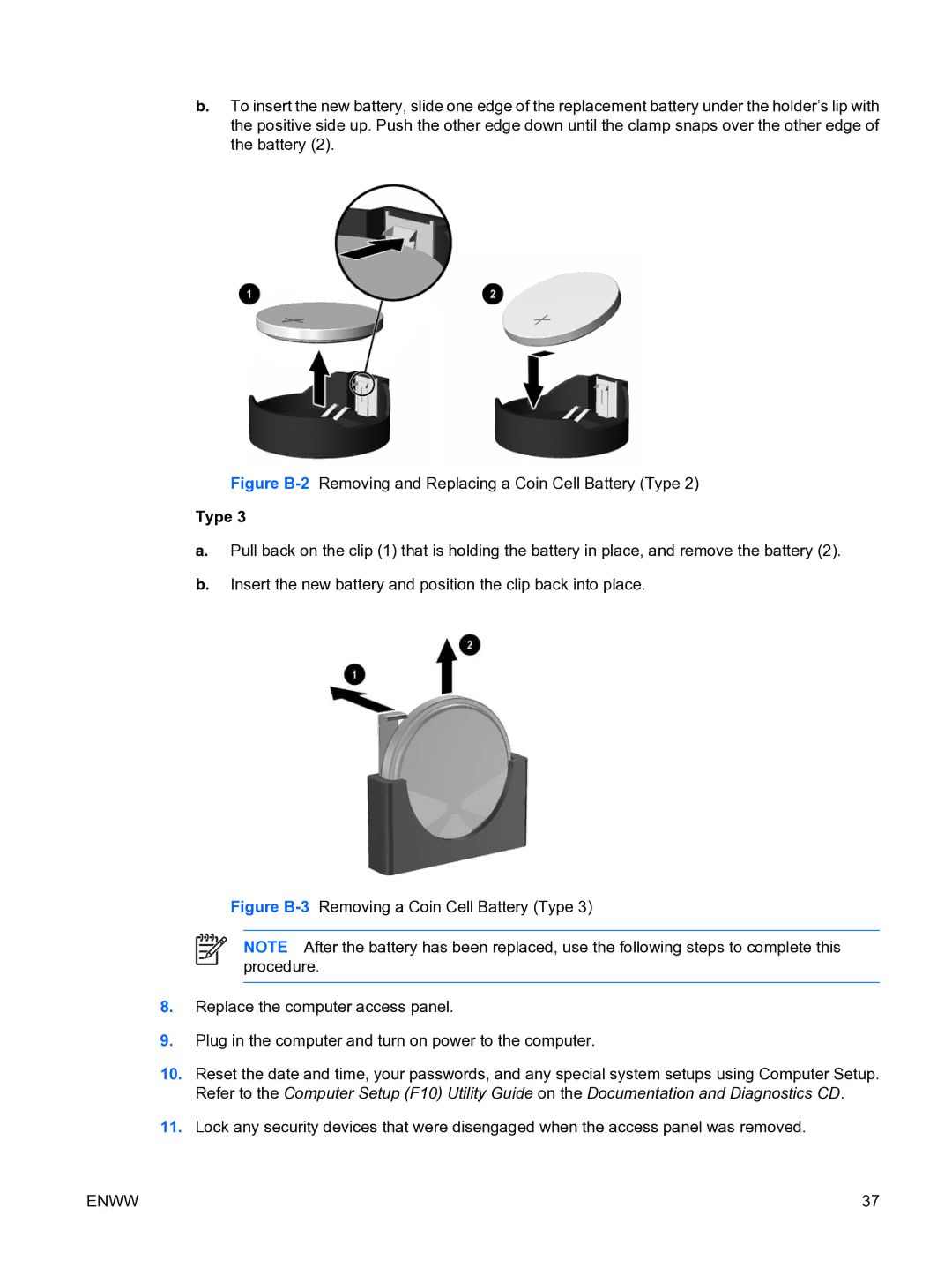 HP dc5750 manual Figure B-2Removing and Replacing a Coin Cell Battery Type 