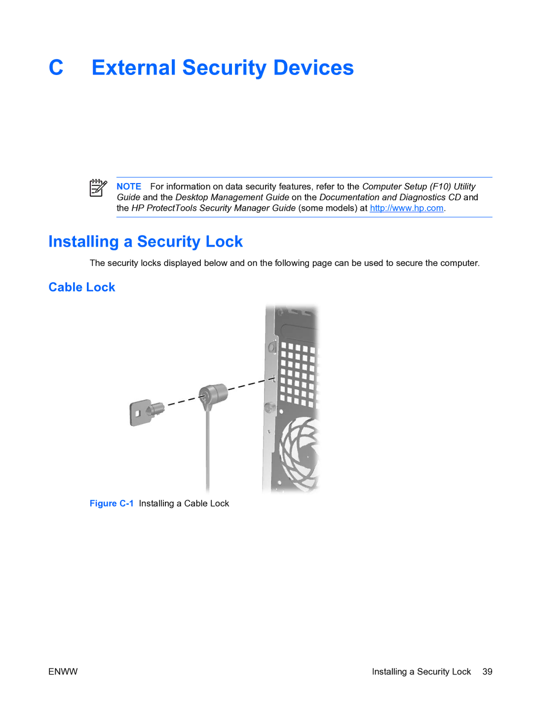 HP dc5750 manual External Security Devices, Installing a Security Lock, Cable Lock 