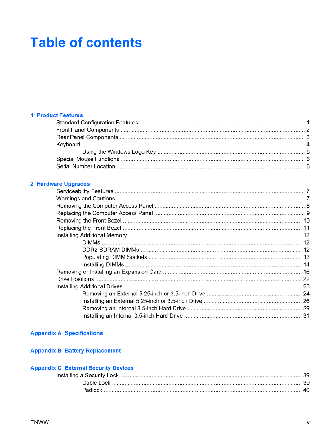 HP dc5750 manual Table of contents 