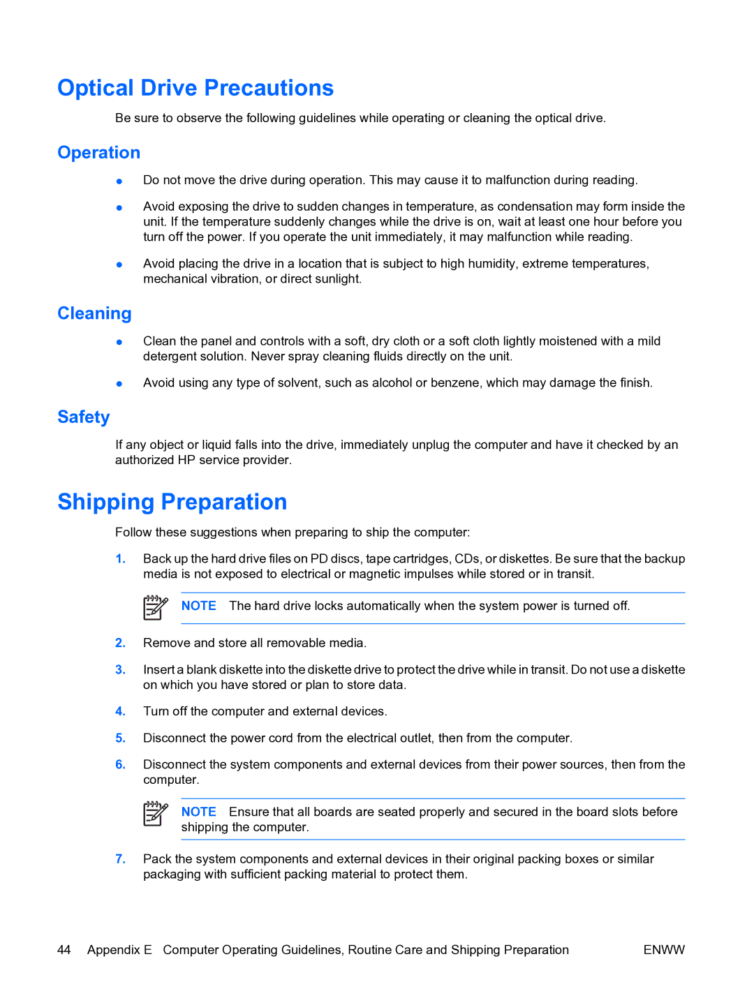 HP dc5750 manual Optical Drive Precautions, Shipping Preparation, Operation, Cleaning, Safety 