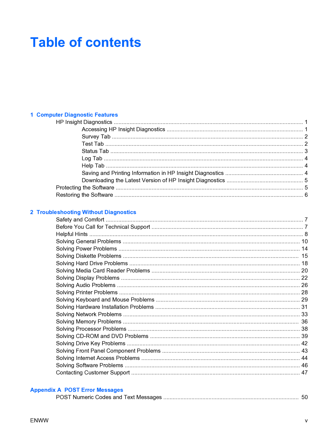 HP dc5750 manual Table of contents 