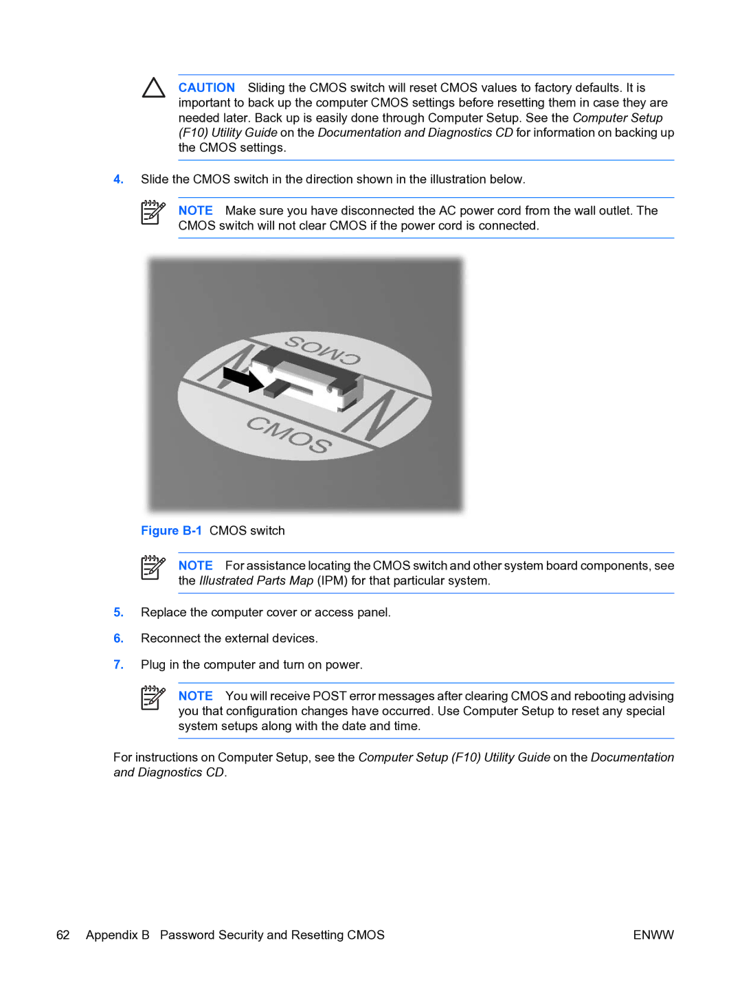 HP dc5750 manual Figure B-1 Cmos switch 