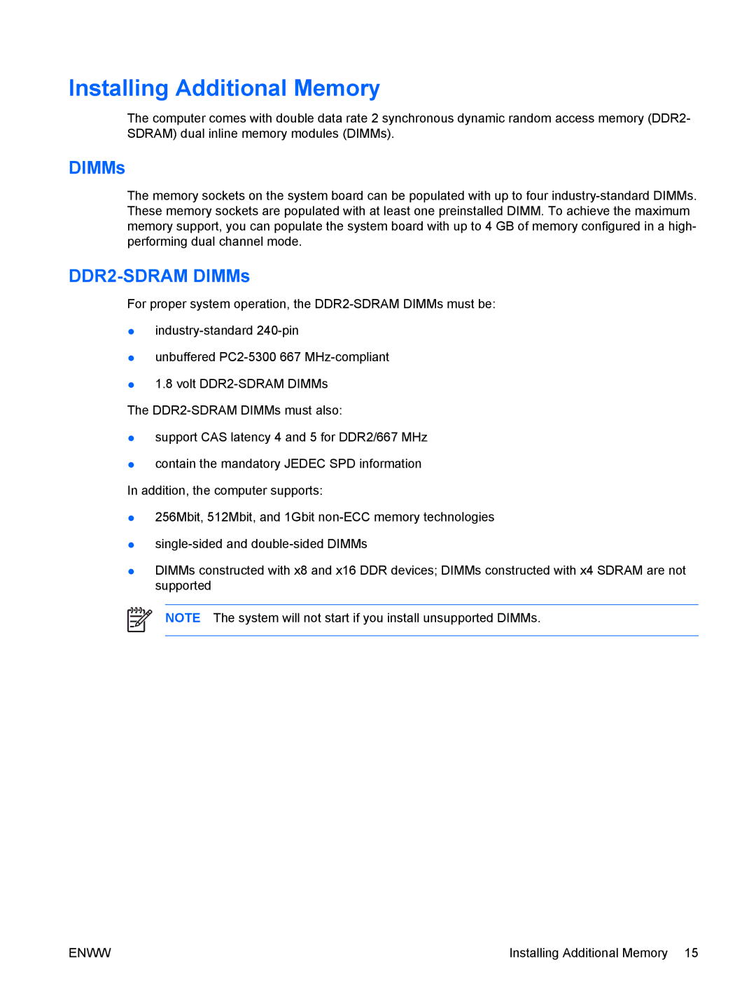 HP dc5750 manual Installing Additional Memory, DDR2-SDRAM DIMMs 