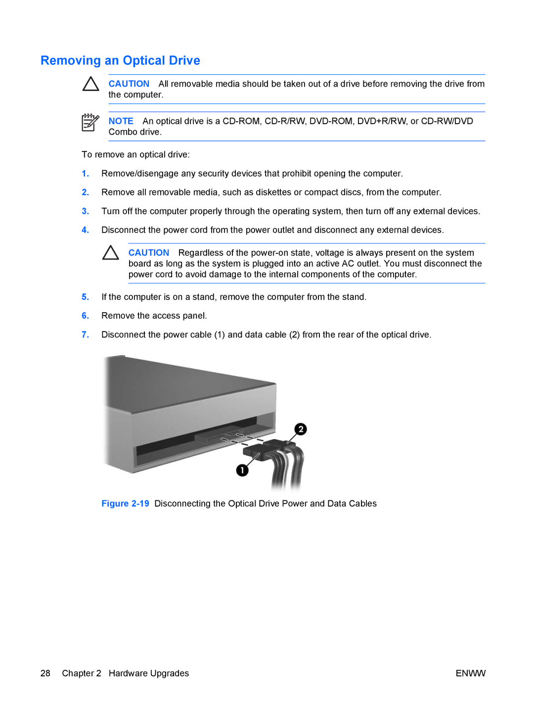 HP dc5750 manual Removing an Optical Drive 